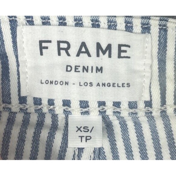FRAME Denim Overalls XS Blue Wht Stripe Flared Leg Adjustable Straps Utility - Picture 2 of 12